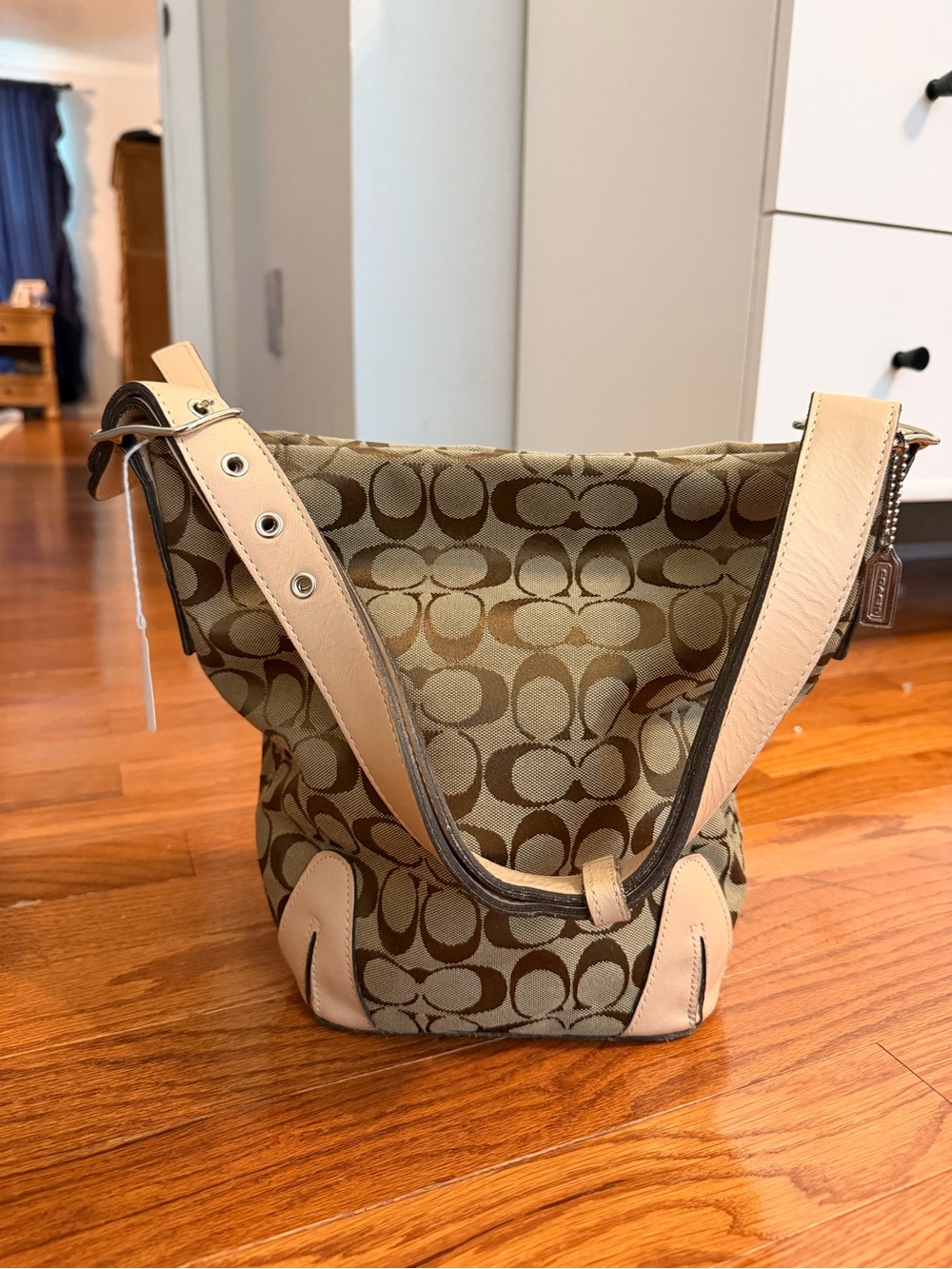 Vintage Coach Signature Jacquard Bucket Bag in Khaki/Beige